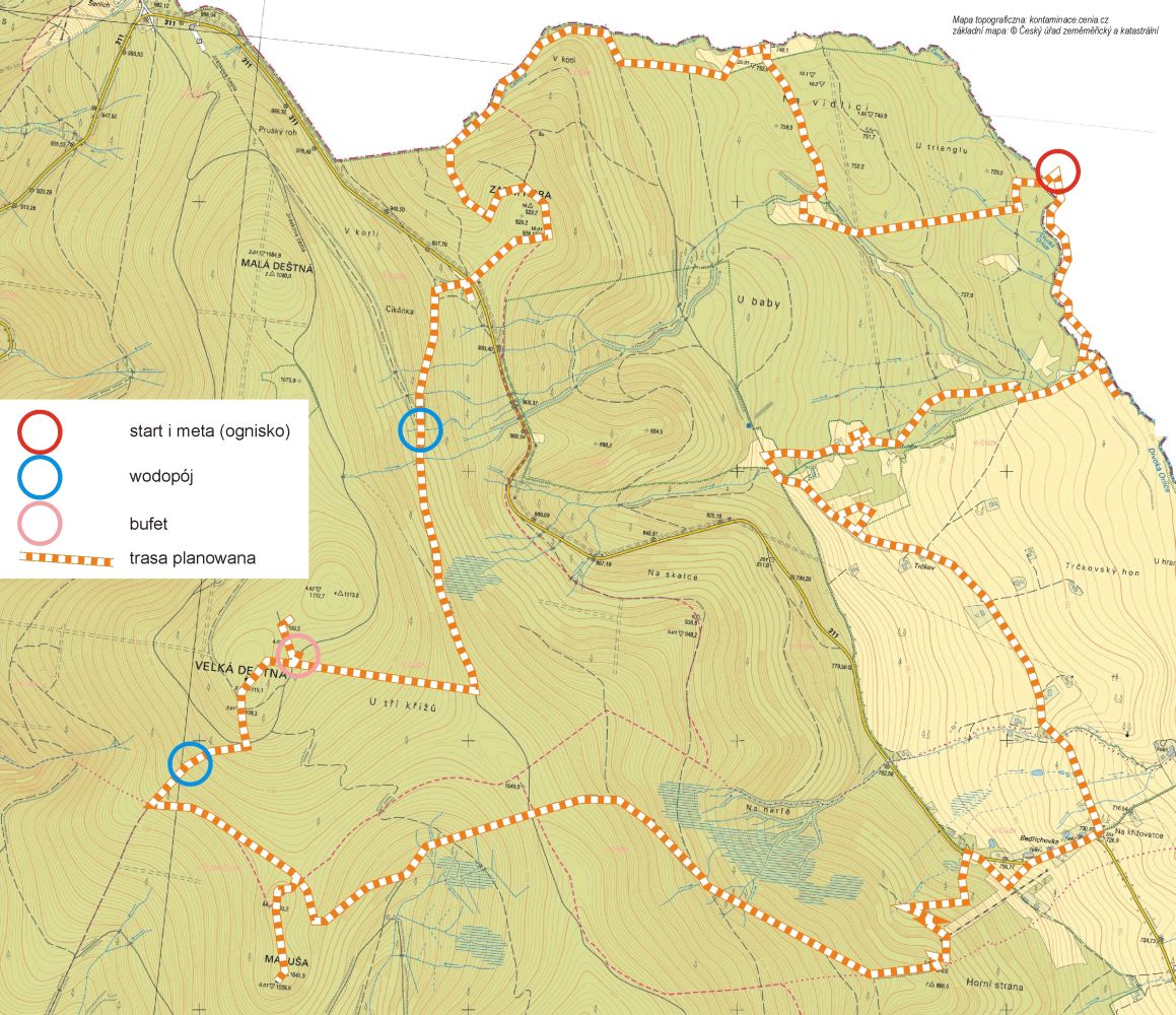 Mapa planowanej trasy wycieczki 'Biaa Orlica' (zkladn mapa: copyright esk ad zemmick a katastrln)