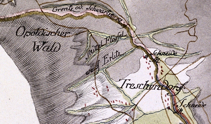 Schmettau: mapa lska z roku 1781 – fragment z zaznaczonym potokiem 'Weiss Erlitz'