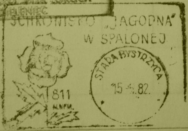 19820515 piecztka-datownik pocztowy schroniska 'Jagodna' w Spalonej