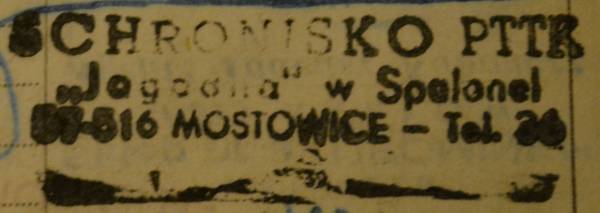 Okoo roku 1982 - piecztka adresowa schroniska 'Jagodna' w Spalonej
