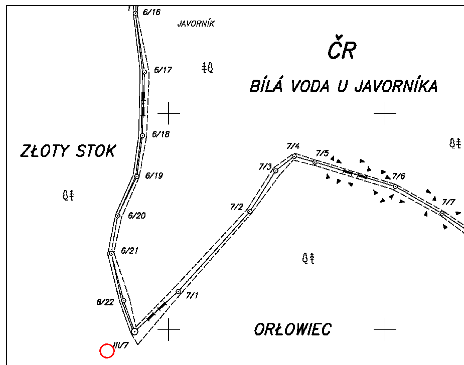 Mapa graniczna - narożniki granicy w rejonie Przełęczy Jawornickiej i Jawornika Małego.
