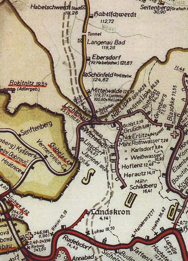spojka Orlice - Výřez mapy tratí ředitelství Breslau z roku 1939