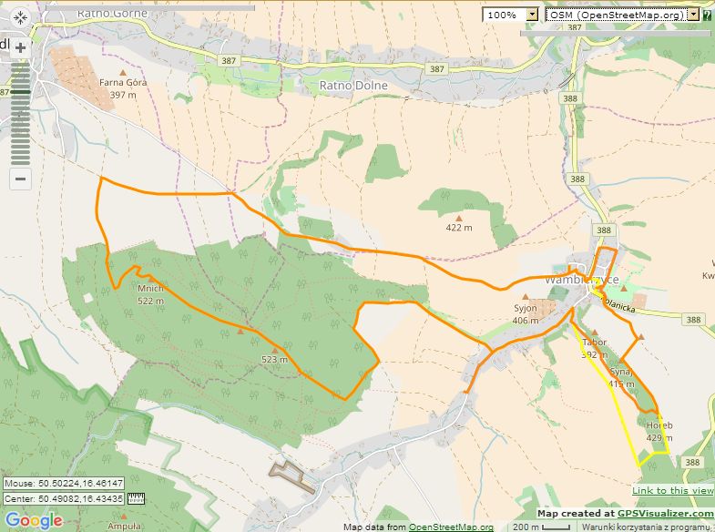 Mniszek - trasa wycieczki (GPSVisualizer - OpenStreetMap)