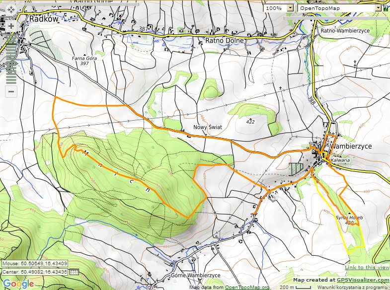 Mniszek - trasa wycieczki (GPSVisualizer - OpenTopoMap)