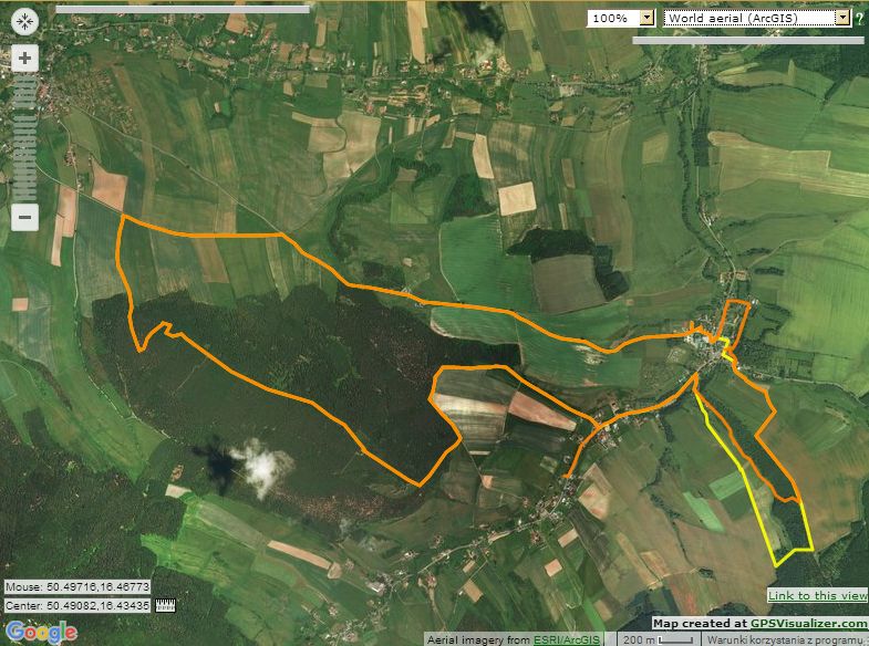 Mniszek - trasa wycieczki (GPSVisualizer - World aerial ArcGIS)