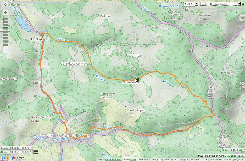 Mapa planowanej trasy wycieczki 'Bledule'