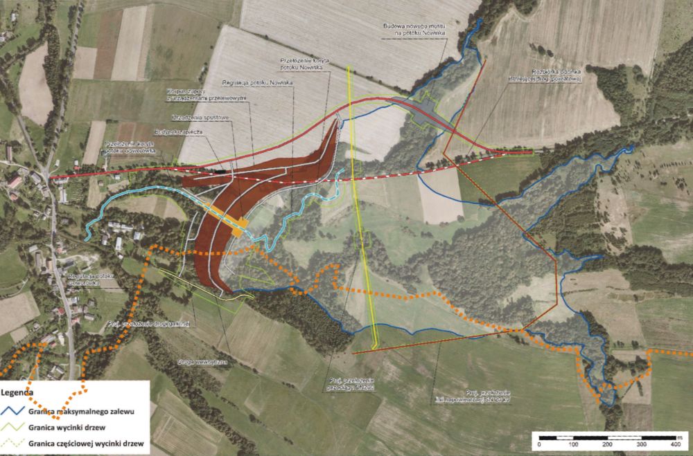 Mapa planowanej trasy wycieczki 'Aromaterapia' - odcinek w parku i przy budowie suchego zbiornika przeciwpowodziowego w Roztokach